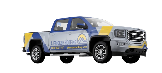 A. Fricker Roofing company pickup truck with blue and yellow branding