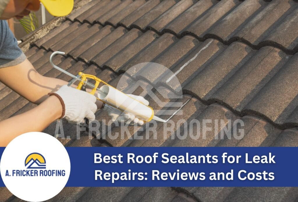 Professional roofer applying sealant to tile roof with caulk gun for leak repair