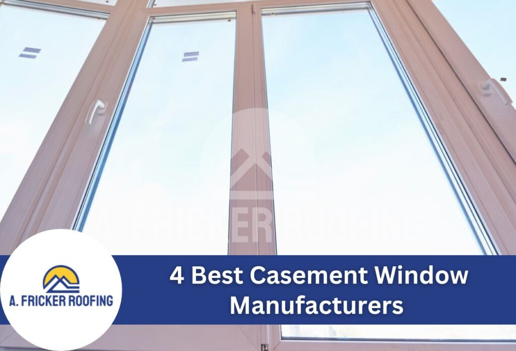 Modern casement windows with wood frames viewed from below against sky