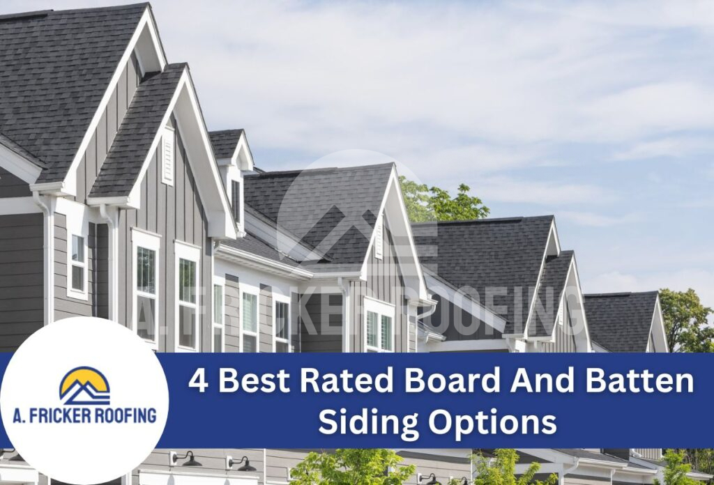 Modern houses with gray shingle roofs and board and batten siding exterior