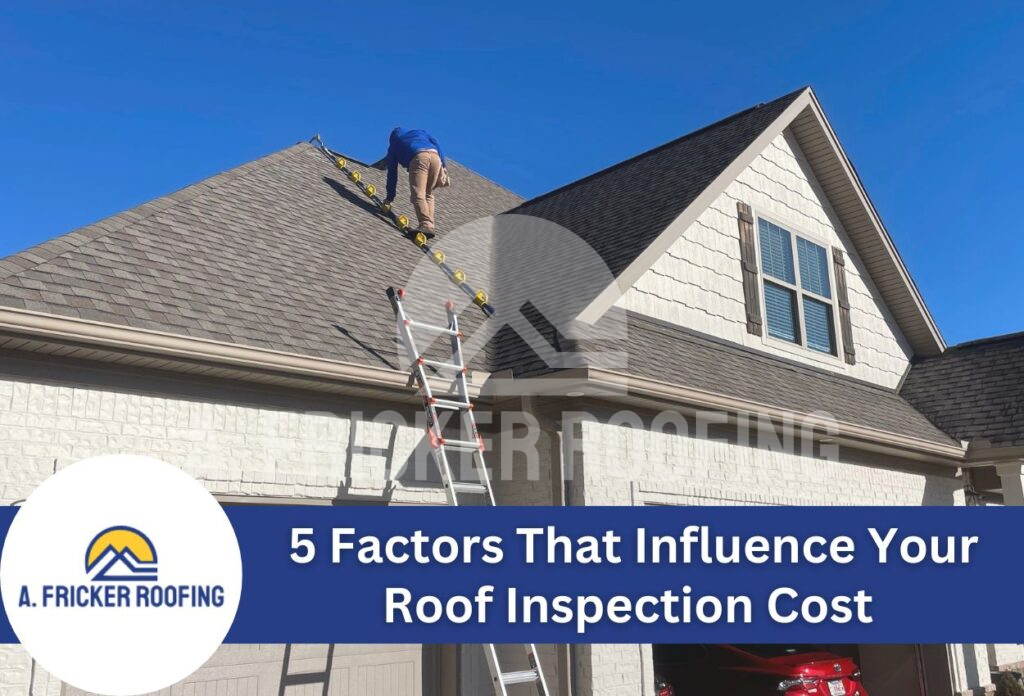 Professional roofer inspecting residential home roof with ladder against clear blue sky