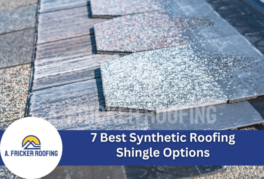 Synthetic roofing shingle samples displaying different textures and colors