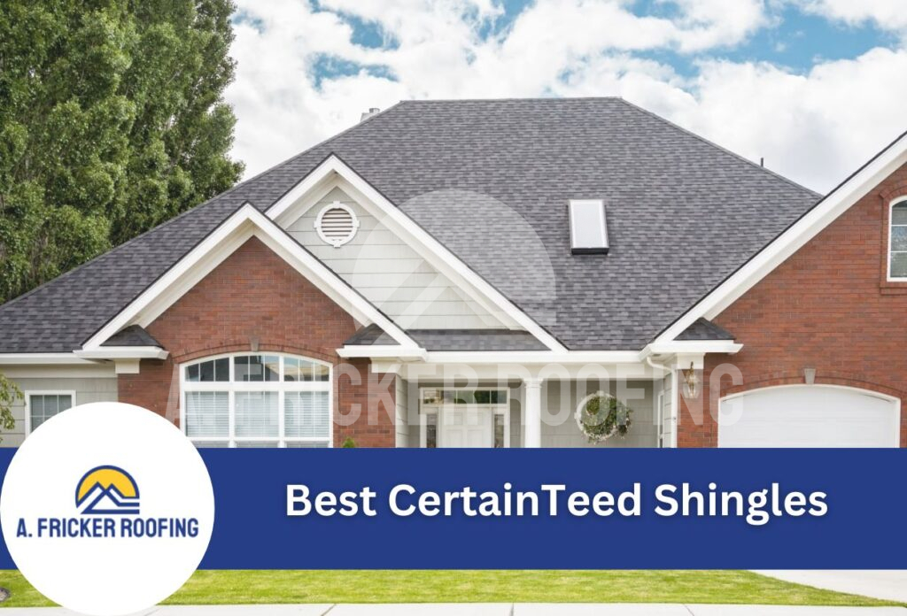 Modern brick house with gray certainteed shingles and white trim under blue sky