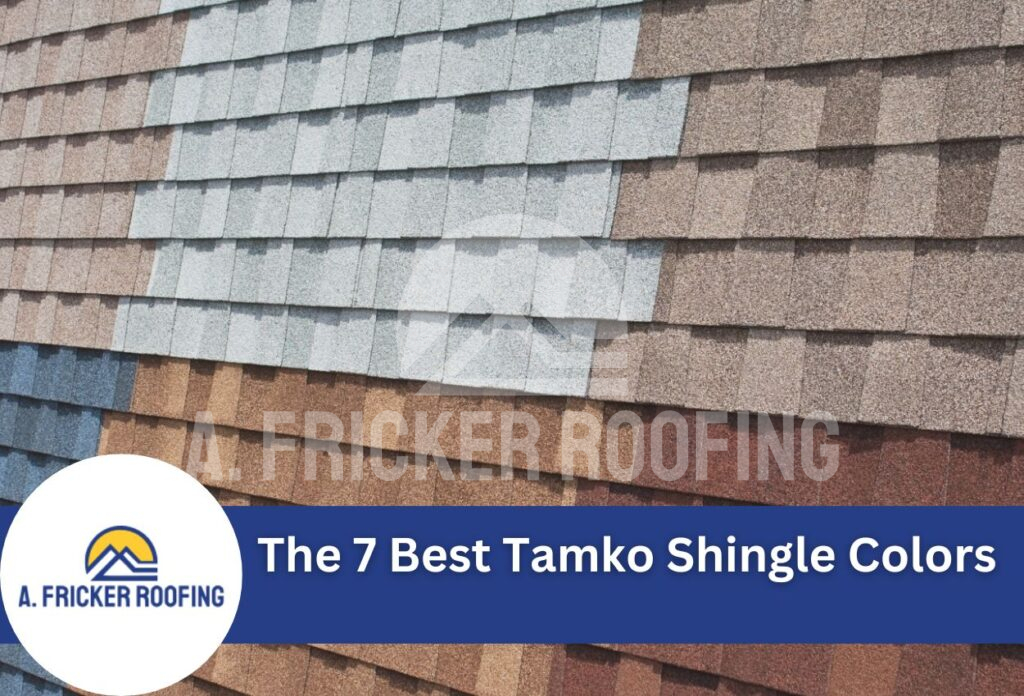 Tamko asphalt roof shingles in various colors with a. Fricker roofing logo
