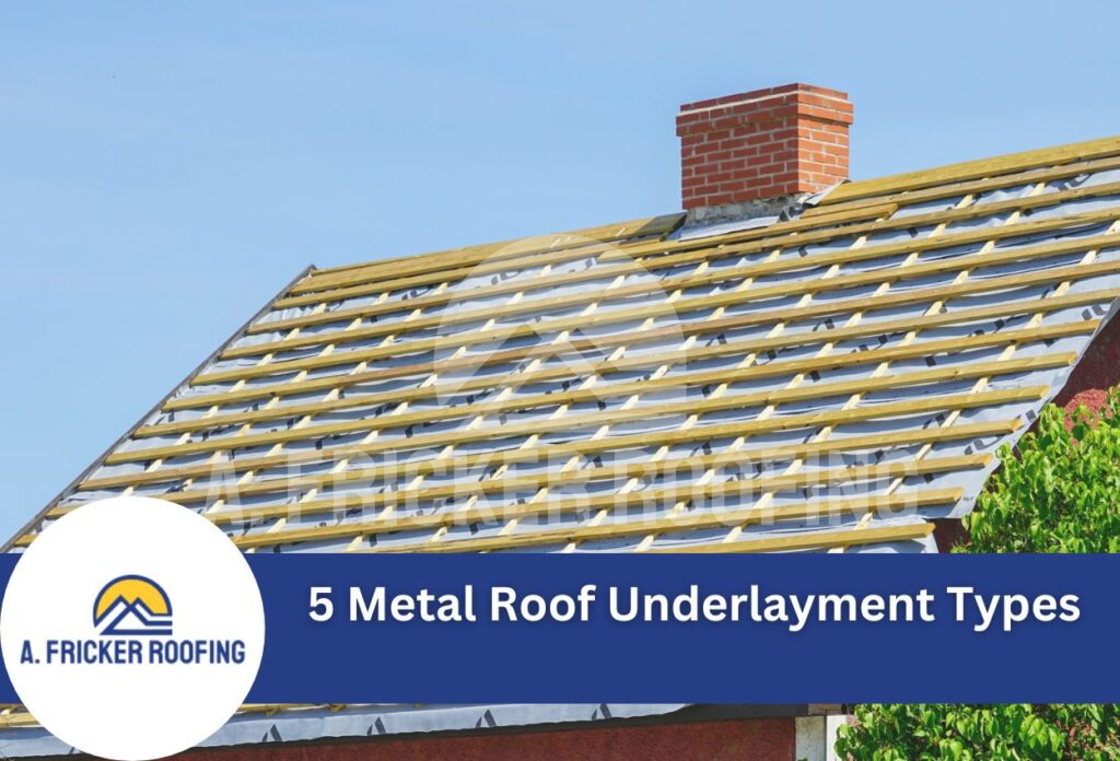 Metal roof underlayment installation with wooden battens and brick chimney