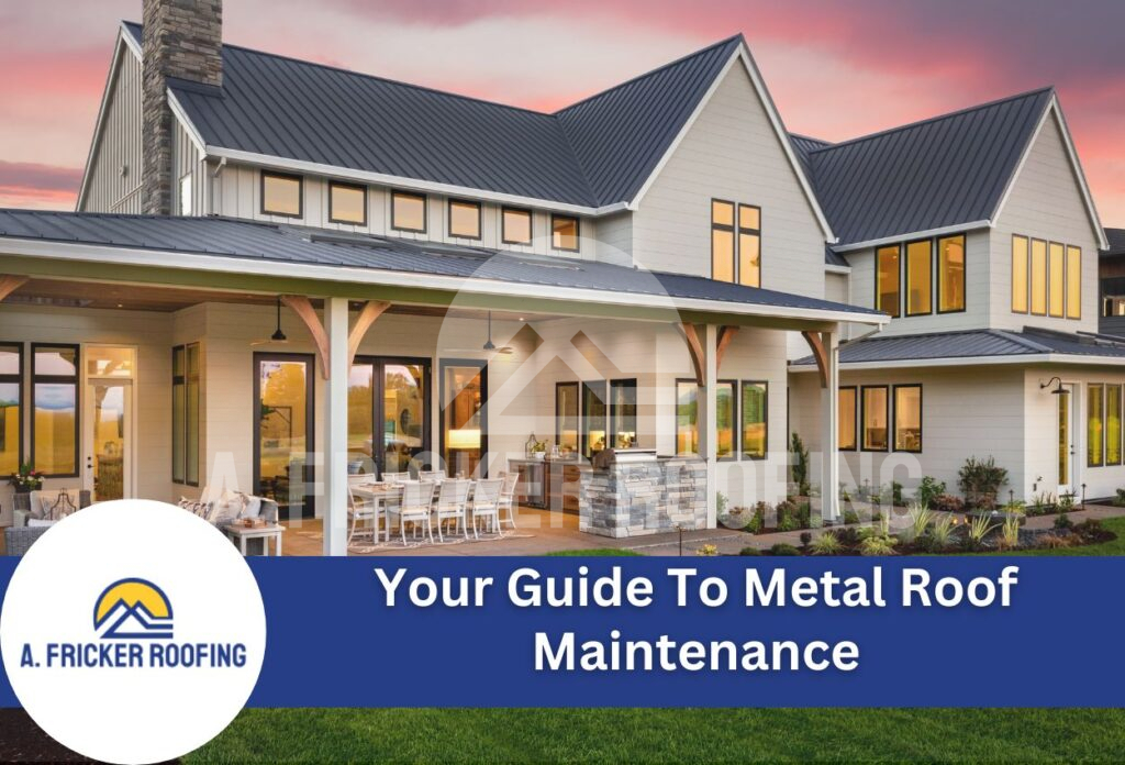 Modern farmhouse with dark metal roof and covered patio at sunset