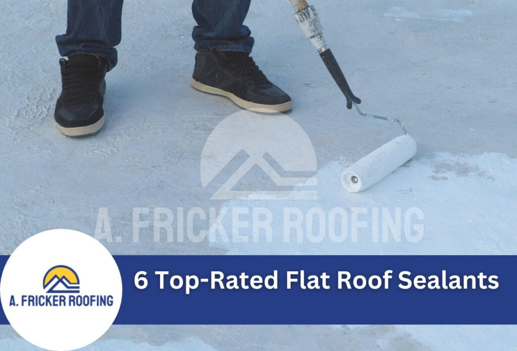 Person applying white roof sealant with roller on flat roof surface