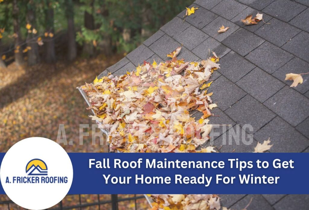 Autumn leaves accumulated in roof gutter requiring fall maintenance cleaning