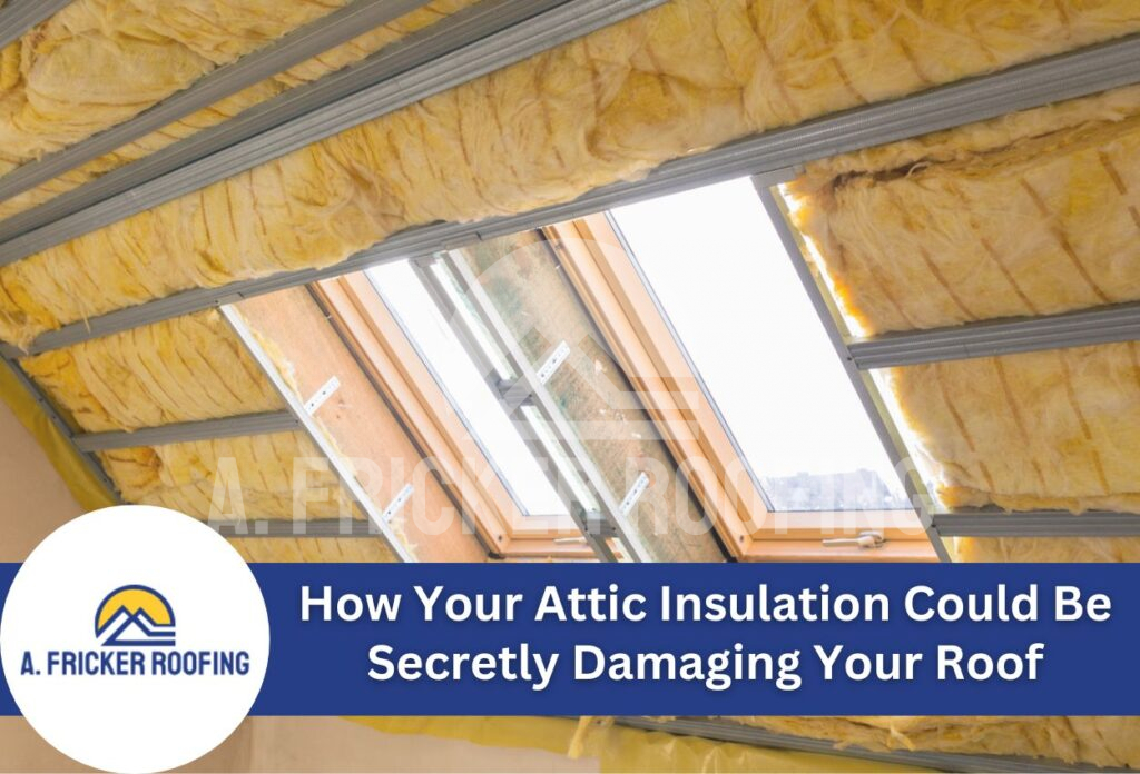 Attic insulation and skylights in roof with metal framing showing potential damage risks