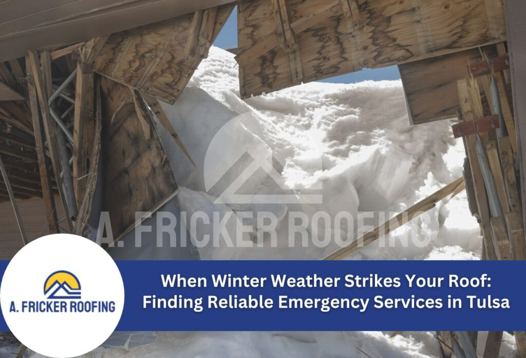 Snow collapsed through damaged roof showing wooden beams and structural damage