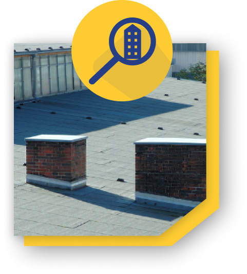 Flat rooftop with two brick chimney stacks under inspection icon.