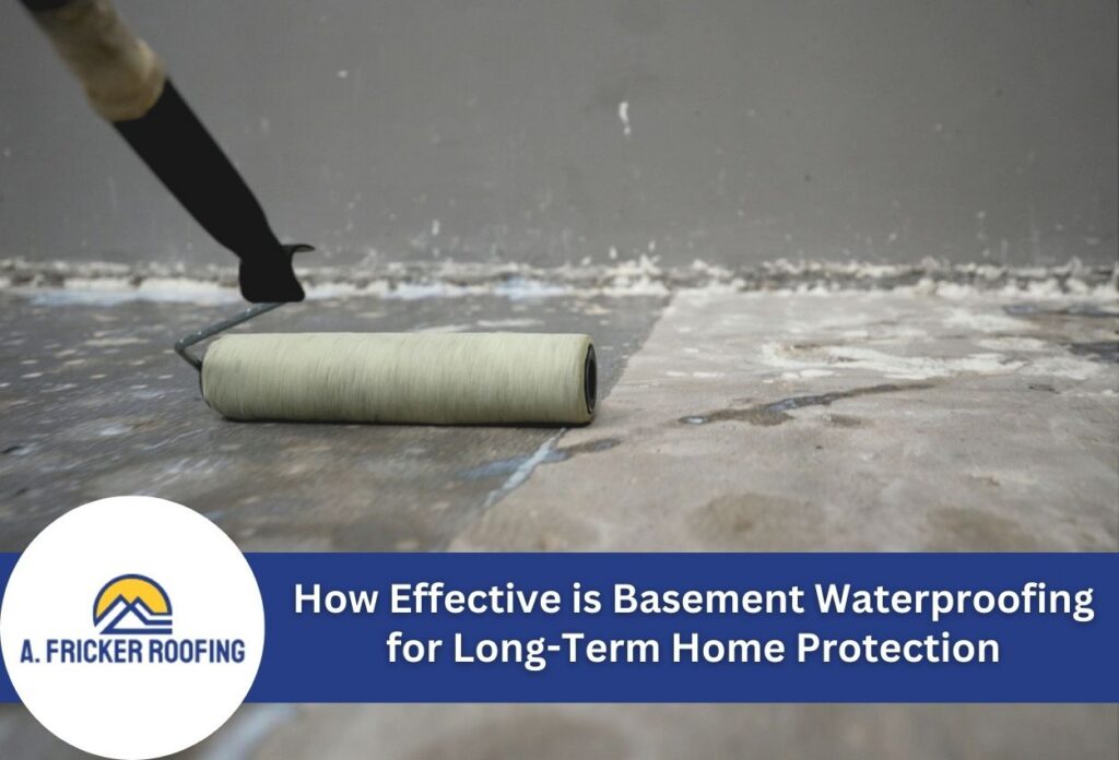 Close-up of a paint roller on concrete floor for waterproofing application.