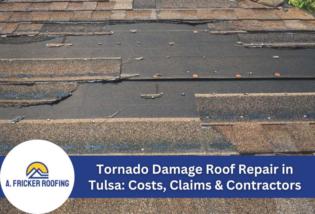 Damaged roof shingles from tornado in Tulsa needing repair.