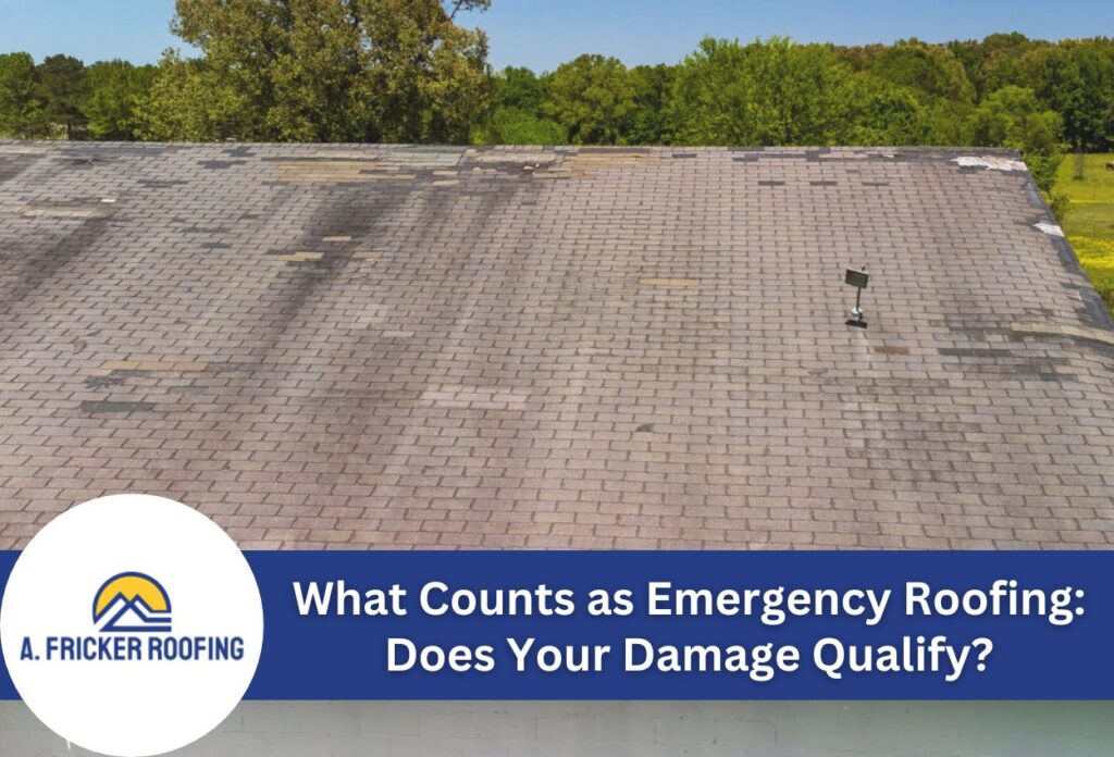 Damaged roof with missing shingles against a green landscape backdrop.