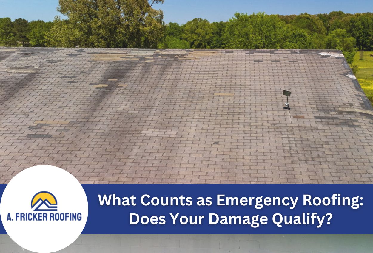 Damaged roof with missing shingles against a green landscape backdrop.