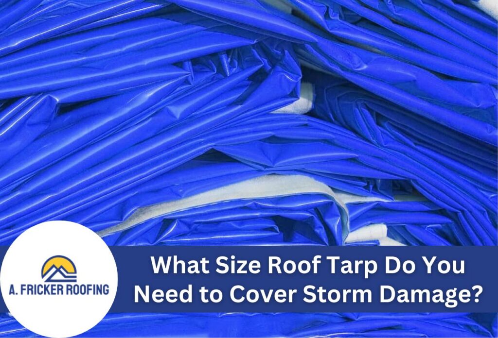Blue tarps stacked with a. Fricker roofing logo and storm tarp size question.