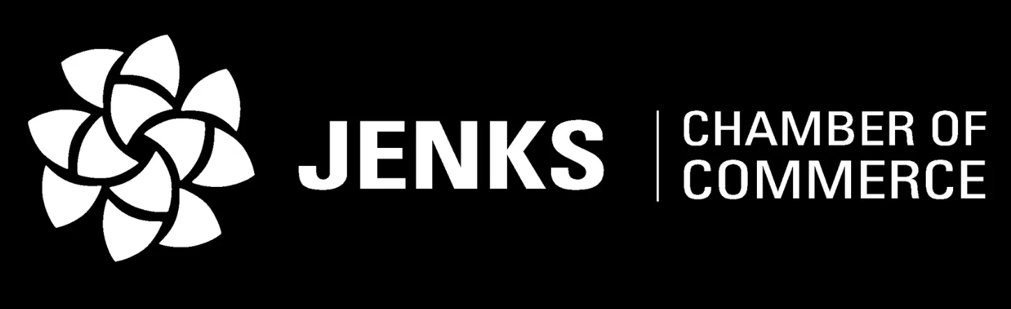 Jenks Chamber of Commerce logo on a black background.