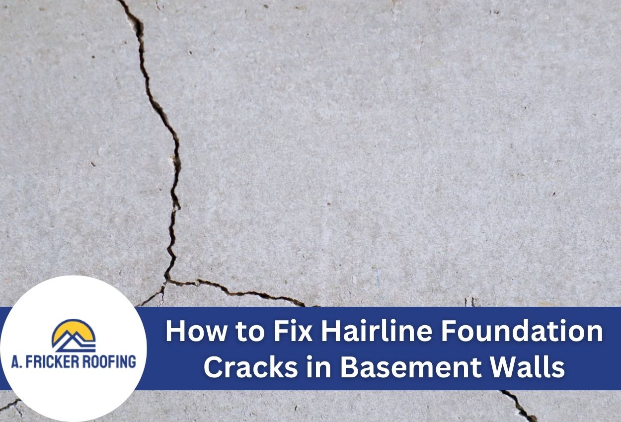 Close-up of a hairline crack on a concrete wall surface with repair guidance.